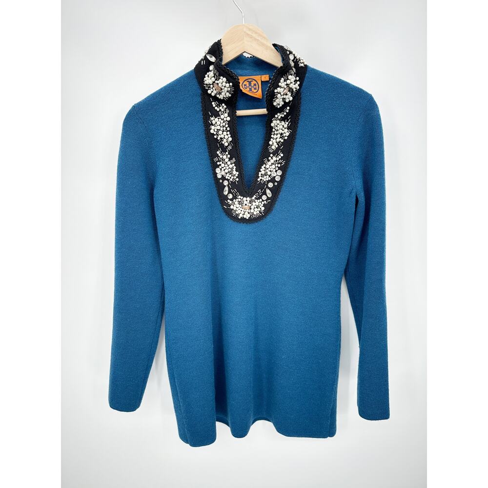 Tory Burch Blue Pearl and Jewel Beaded‎ Collar Tunic Sweater Merino Wool Small